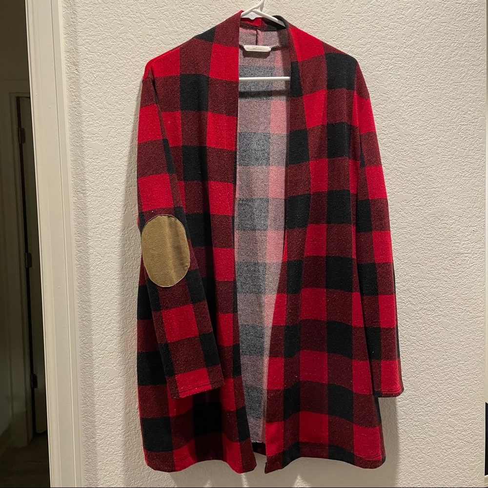 Red and Black Plaid Open Front Cardigan